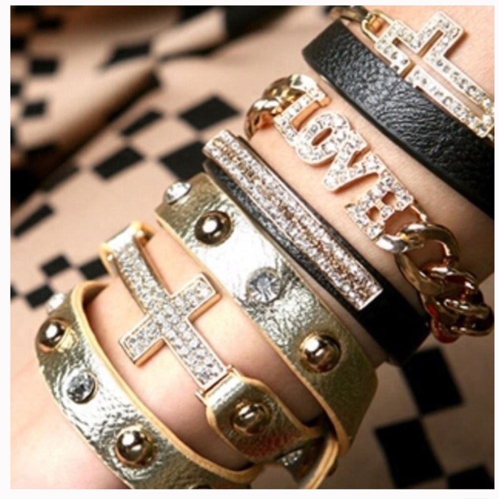 Black/Gold Rhinestone Cross Wrap Band Bracelet